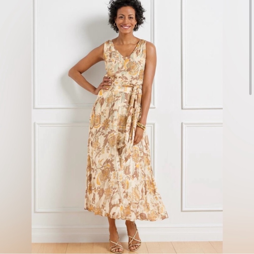 Talbots A-Line V-Neck Metallic Floral Midi Dress with Tie Waist
